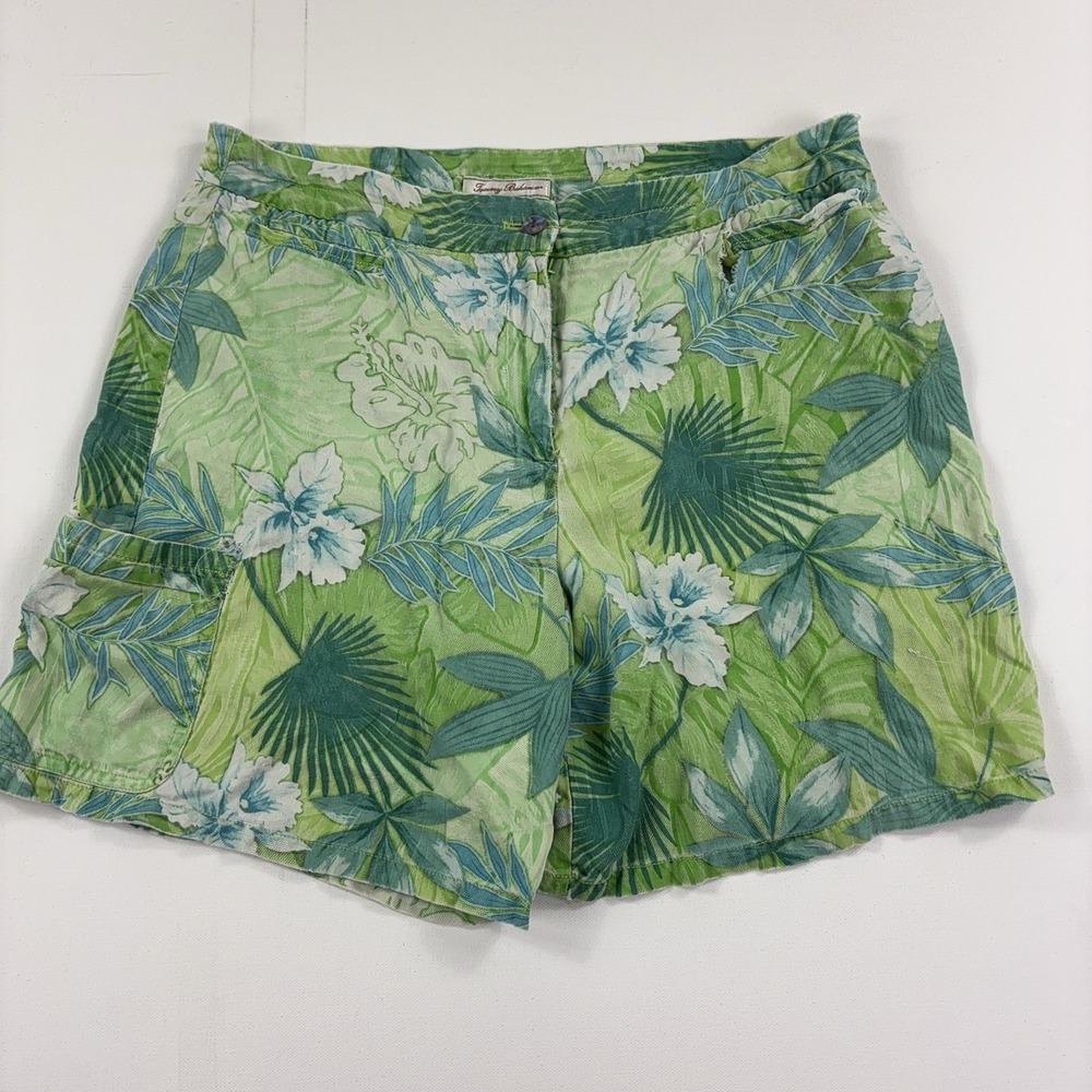 Tommy Bahama Shorts Womens 10 Green Silk Jacquard Floral Cargo Tropical Travel